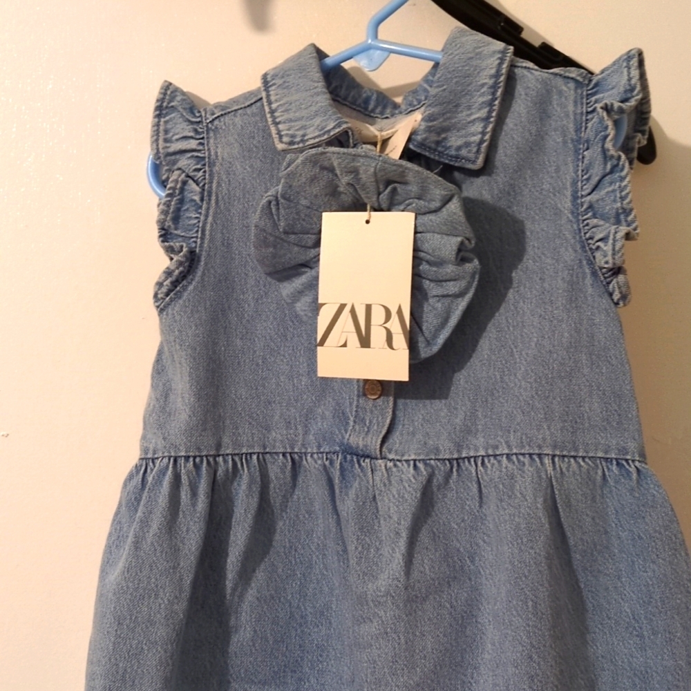 Zara Light Blue Denim Cotton Collar Open Front Top Dress/Headband 3-4 Years. - Picture 4 of 6